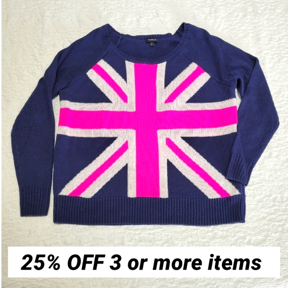 torrid Sweaters - Sweater cozy loose knit British flag neon pink graphic print pullover ruffle